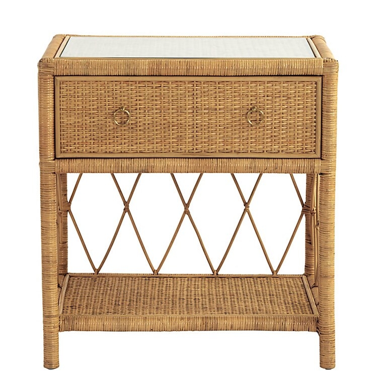 Glass Top Rattan Nightstand Three Tier Coastal Bedroom Furniture