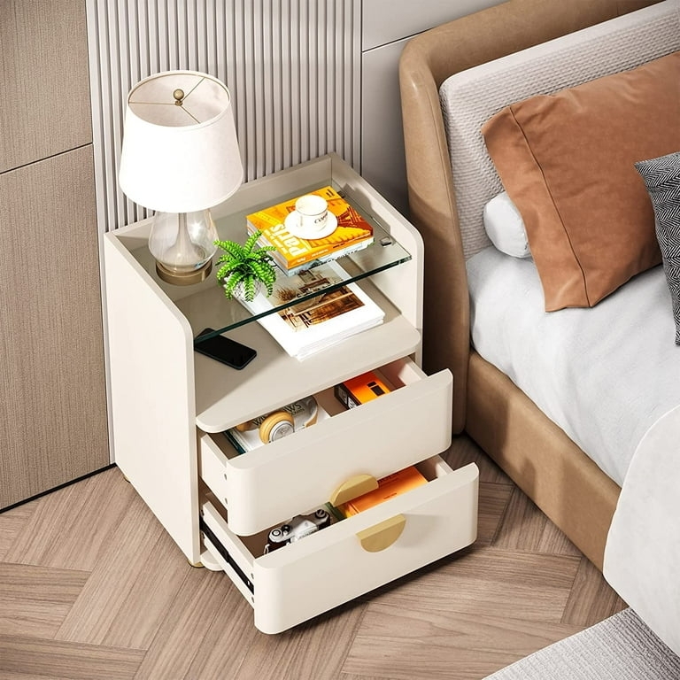 Glass Top Ribbed Nightstand with Gold Metal Legs