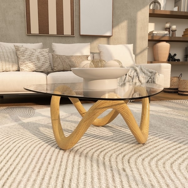 Glass Triangular Coffee Table Wavy Base Wood Grain Inspired Beige
