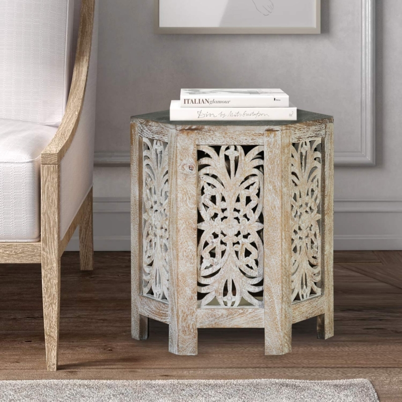 Global Inspired Hexagonal End Table with Hand-Carved Lattice Panels