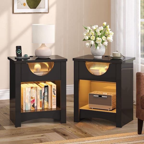 Glossy Black Nightstand Set with Blue LED Lighting and Storage Drawer