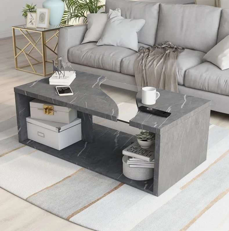 Glossy Marbled Coffee Table with Ribbed Pedestal Twin Base