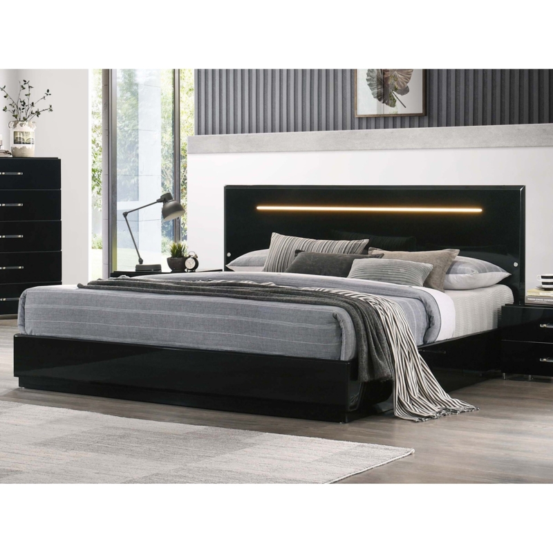 Glossy Platform Bed With Integrated Nightstands And LED Lighting