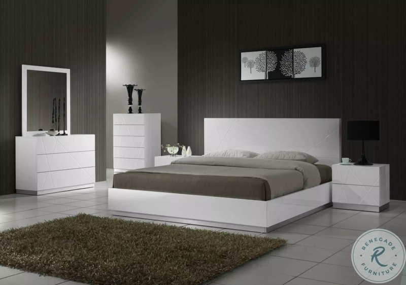 Glossy White Lacquer Bedroom Set Geometric Paneled Headboard Modern
