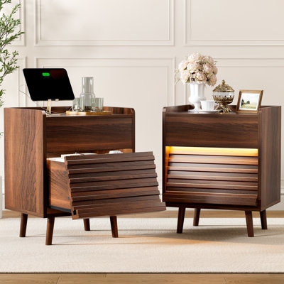 Glossy White Nightstand with Built-In Outlets and LED Charging Station