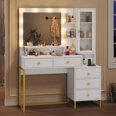 Glossy White Vanity with Round Lighted Mirror and Gold Legs