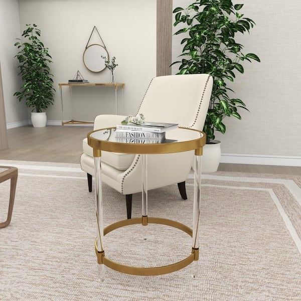 Gold and Acrylic Round Accent Table Mirrored Top