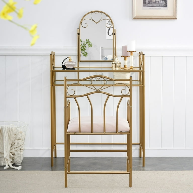 Gold Glam Vanity Set with Integrated Oval Mirror and Tufted Seat Stool