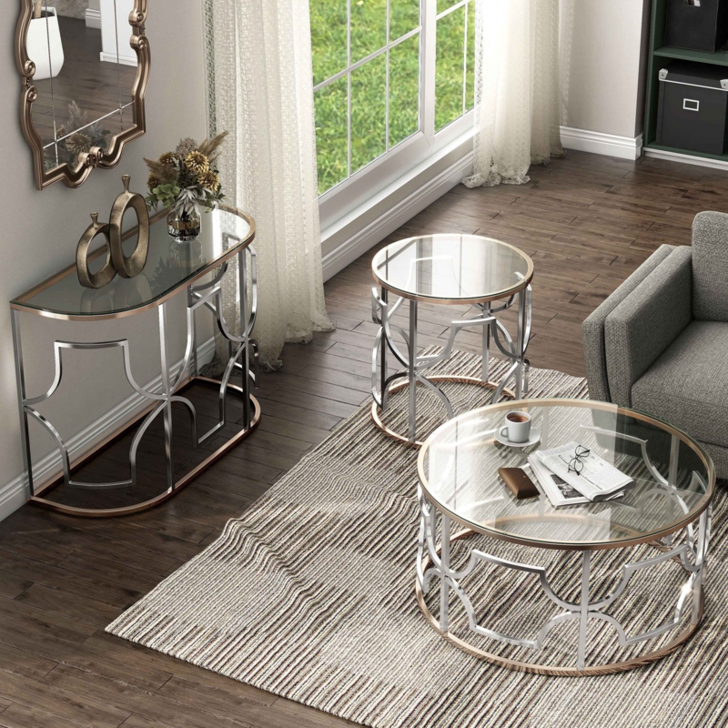 Gold Glass Coffee Table Set Polished Metal X-Frame Base