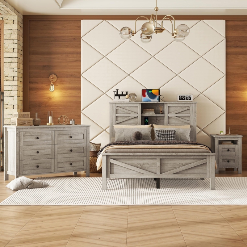 Gray Barn Door Headboard Bed Set with Weathered Finish