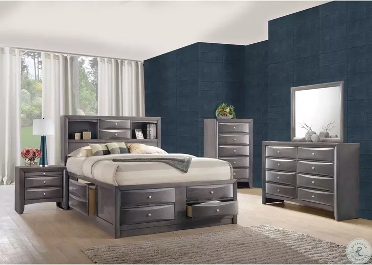 Gray Bedroom Set Featuring Bookcase Headboard and Storage Footboard