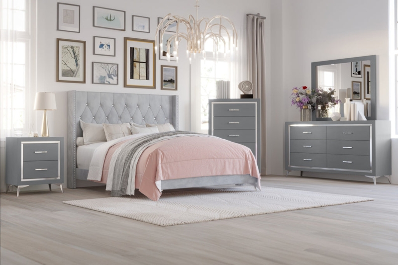 Gray Bedroom Set With Deep Button Tufting And Mirrored Trim