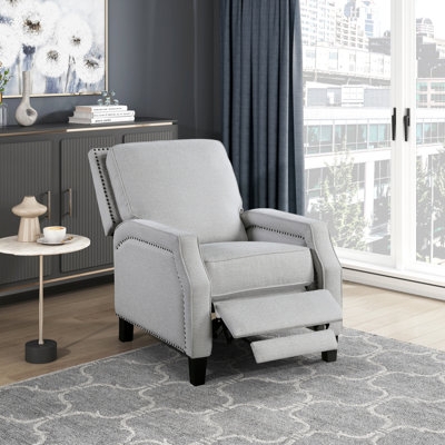 Gray Chenille-Like Recliner with Rolled Arms & Tapered Wood Legs