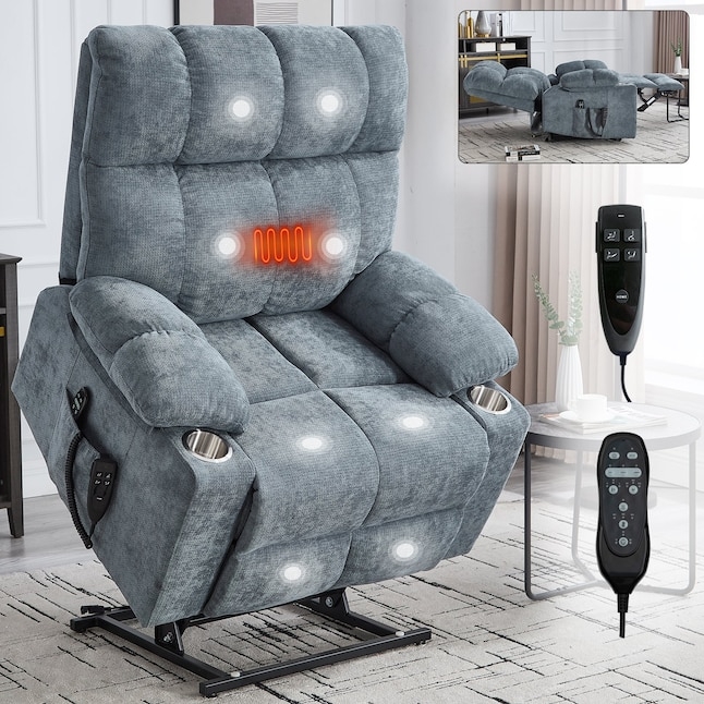Gray Chenille Power Lift Recliner with Dual Cup Holders and Remote