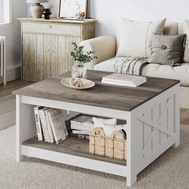 Gray Coffee Table with X-Brace Sides and Weathered Finish