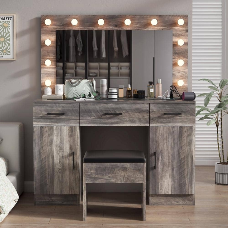Gray Dressing Table Set with Mirror, Gold Accents, and Pink Velvet Stool