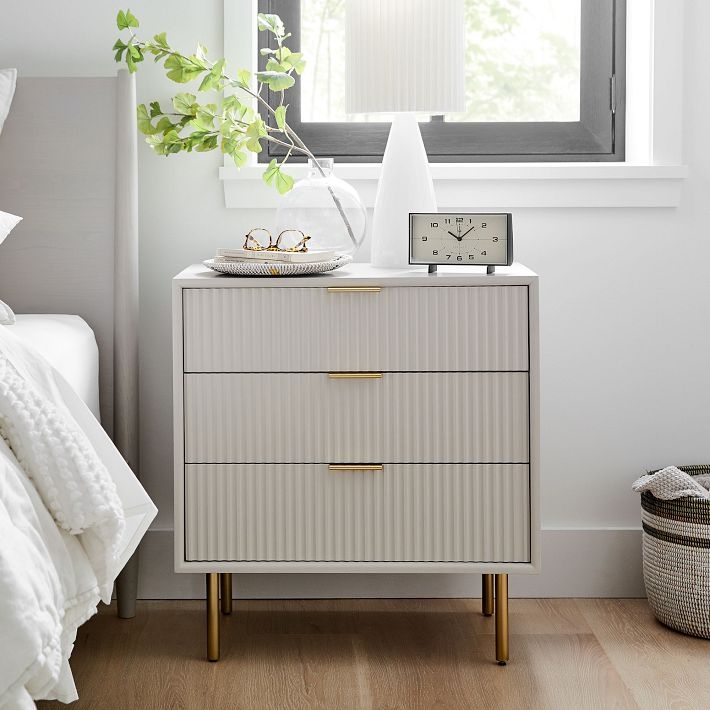 Gray Lacquer Modern Nightstand with Fluted Fronts and Brass Hardware