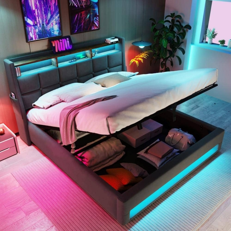 Gray Linen Platform Bed featuring Unique Side Storage Pockets and LEDs