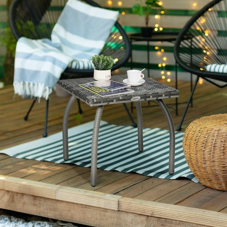 Gray Outdoor Side Table Square Block Base Synthetic Wicker Patio