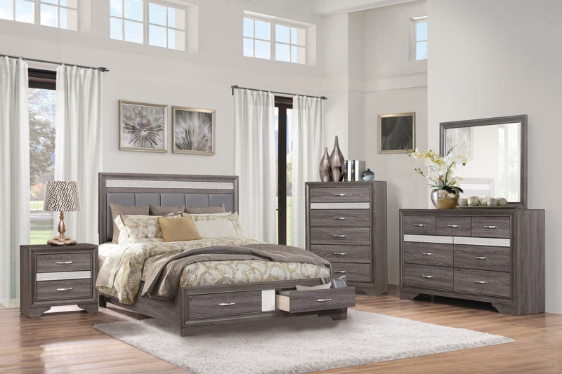 Gray Storage Bedroom Set with Channeled Upholstery Contemporary