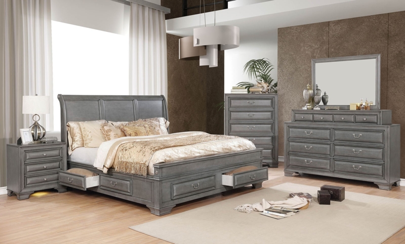 Gray Transitional Nightstand with Three Drawers and Nickel Knobs