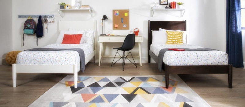 Gray Upholstered Twin Beds in Symmetrical Layout; Transitional Design.