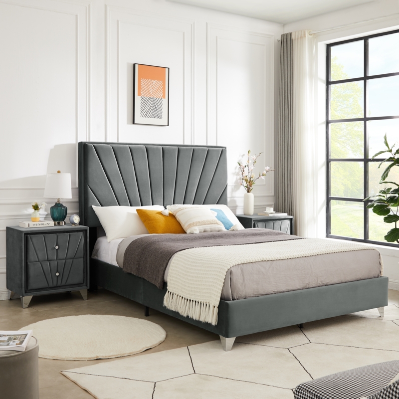 Gray Velvet Upholstered Bed with Vertical Channel Wingback Headboard