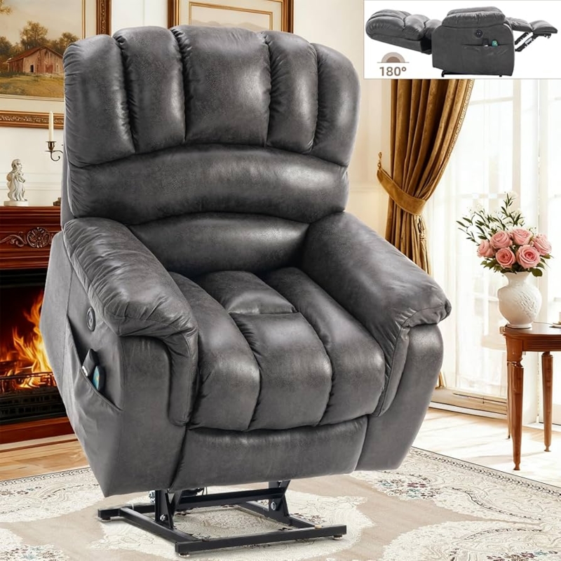 Gray Wingback Power Lift Recliner with Integrated Cup Holders