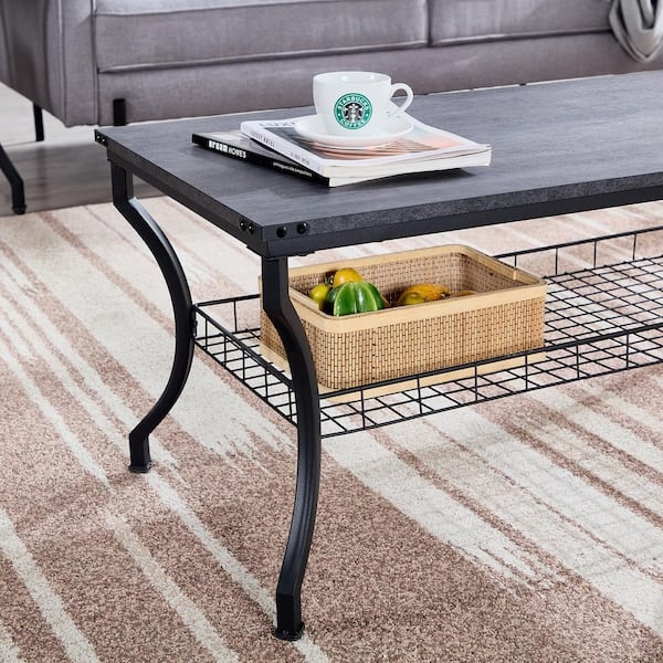 Gray Wood and Metal Tables 3-Piece Set with Open Storage Shelves