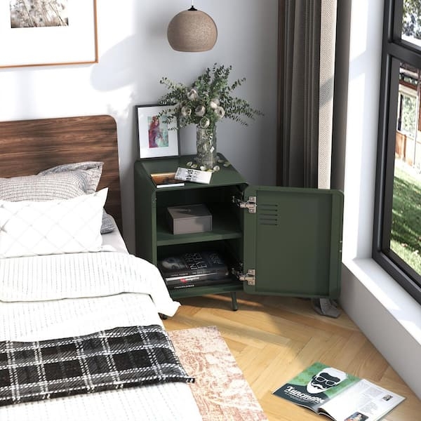 Green Metal Nightstand with Louvered Door and Slim Square Legs
