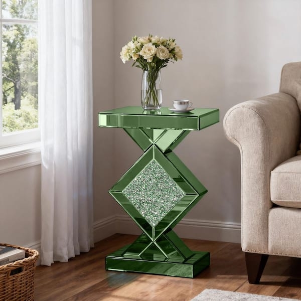 Green Mirrored End Table Pedestal with Crystal Inlay Accent