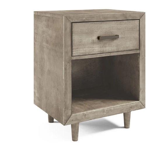 Grey and Wood Contrast Nightstand, Two Drawers, Splayed Tapered Legs