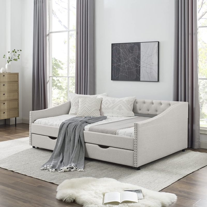 Grey Daybed with Nailhead Trim and Storage Drawers