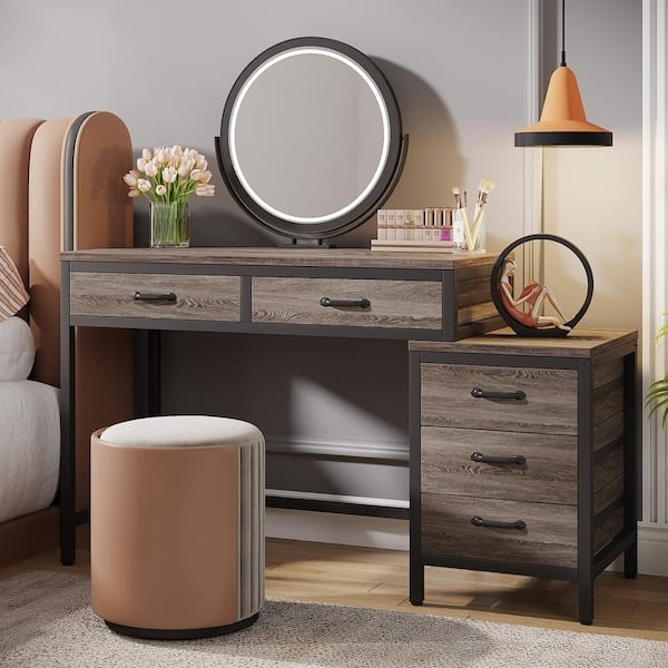 Grey Makeup Vanity with Fluted Drawer Fronts and Gold Legs