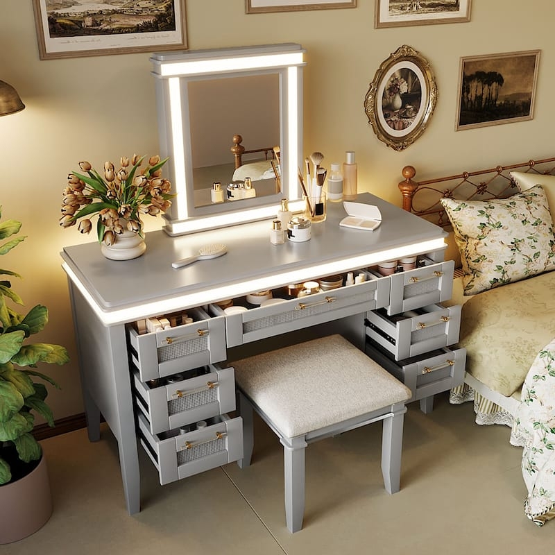 Grey Makeup Vanity with Hollywood Lighted Mirror and Seven Drawers