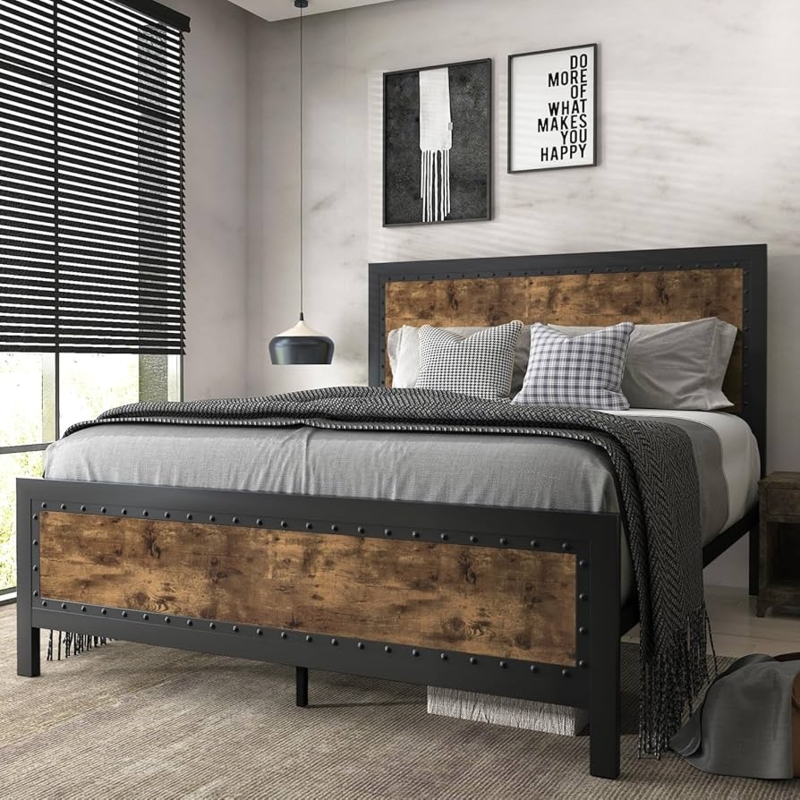 Grey Metal Platform Bed Frame with Rivet Detailing & Wood Panels