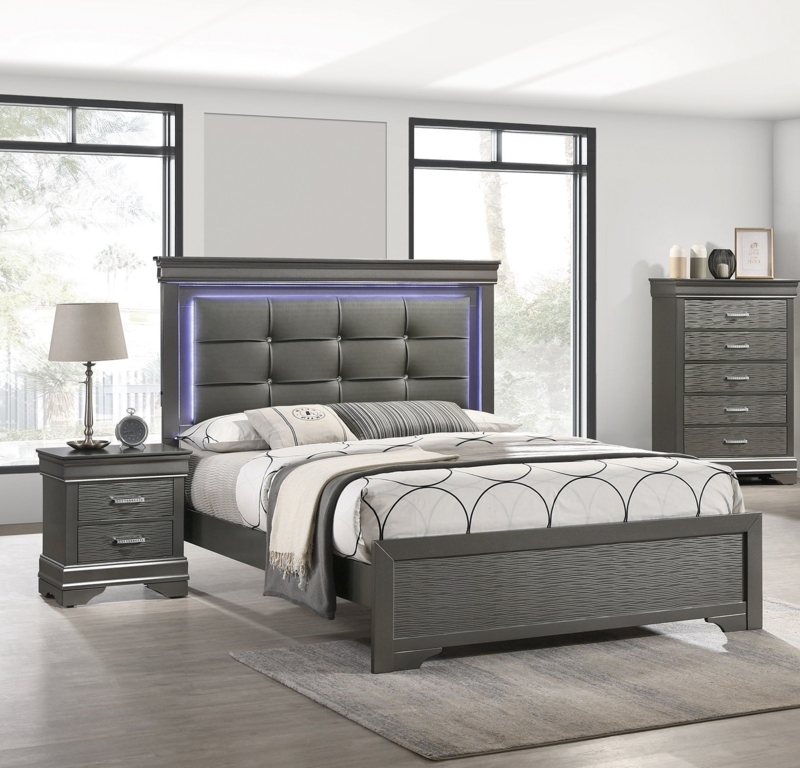 Grey Nightstand with Two Drawers and Tapered Legs