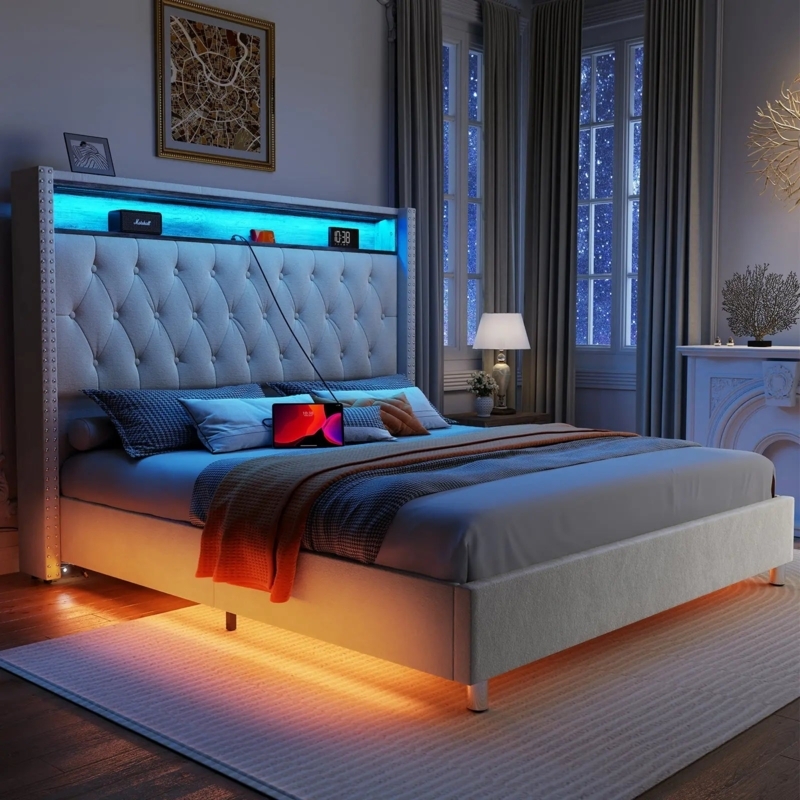 Grey Platform Bed featuring Motion Activated Night Light and Storage