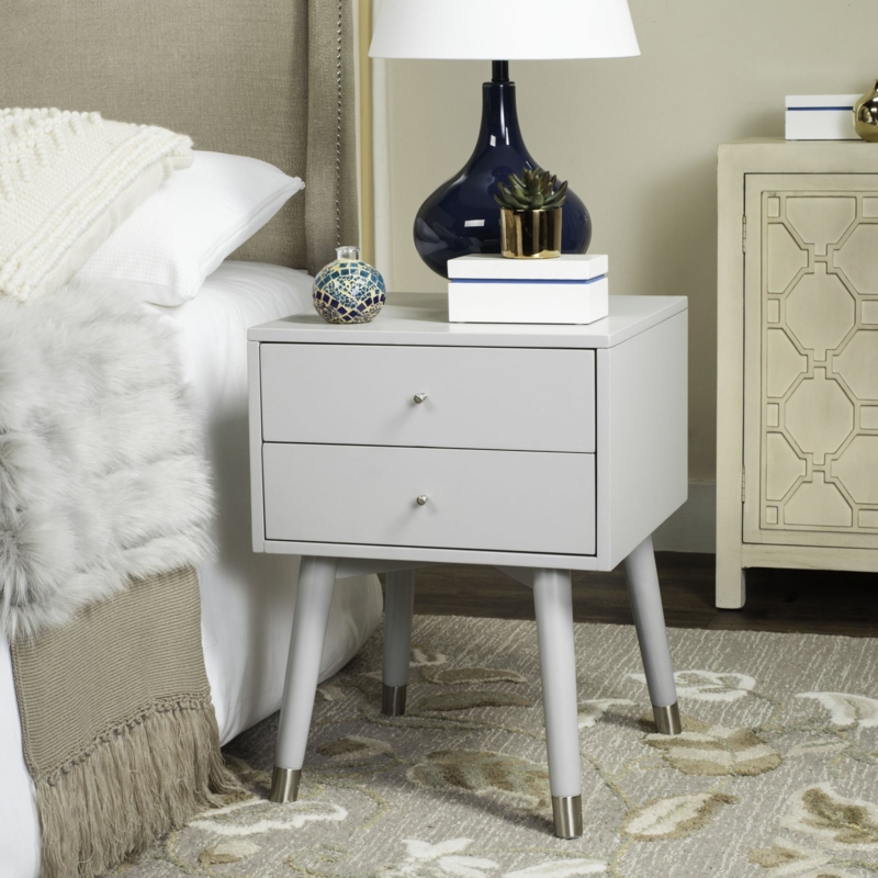 Grey Retro Nightstand featuring Silver Leg Caps and Open Shelf