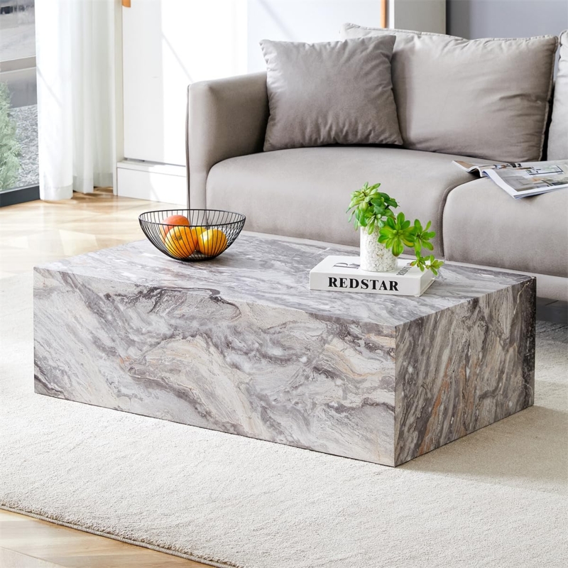 Grey Stone Top Coffee Table with Black Metal Cross Frame Base