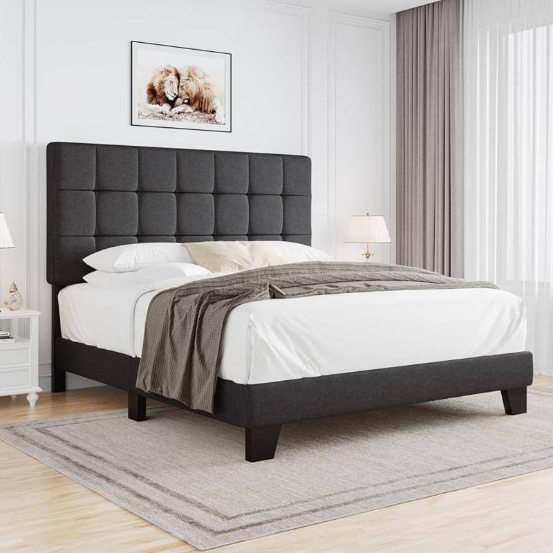 Grey Upholstered Bed Frame with Vertical Channeling and Platform Base