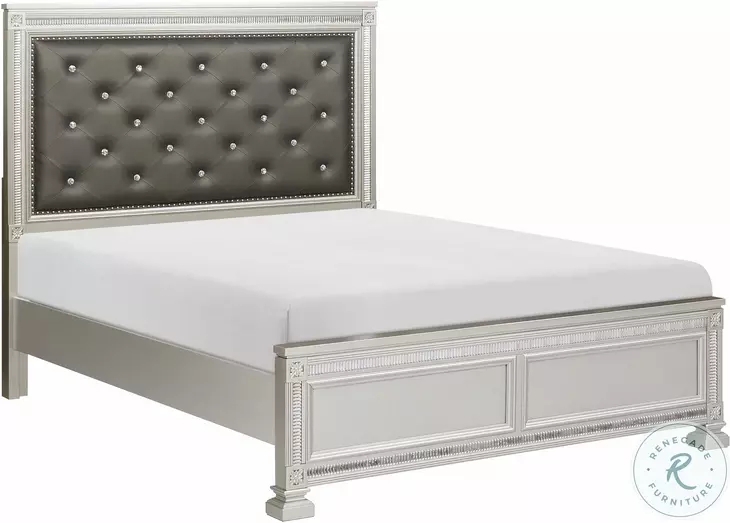 Grey Upholstered Panel Bed with Mirror Inlay and Tapered Legs