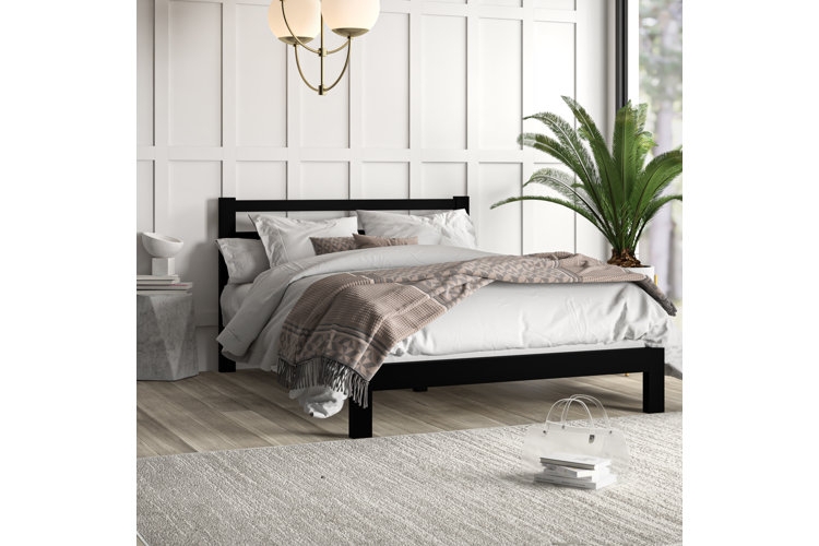 Grey Upholstered Platform Bed with Tapered Wood Legs Mid-Century Style