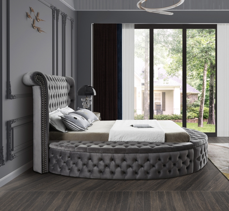 Grey Velvet Wingback Bed with Oversized Deep Diamond Tufted Headboard