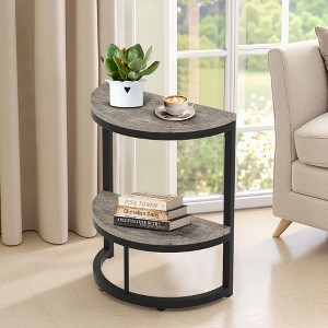 Half Moon End Table Metal Frame Mesh Bottom Shelf Wood Toned Top