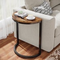 Half-Round End Table: Narrow Profile with Wood Top and Black Metal Frame