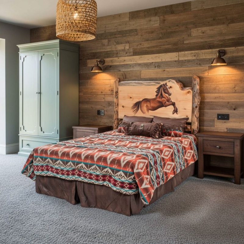 Hand Carved Log Headboard with Bucking Bronco Design