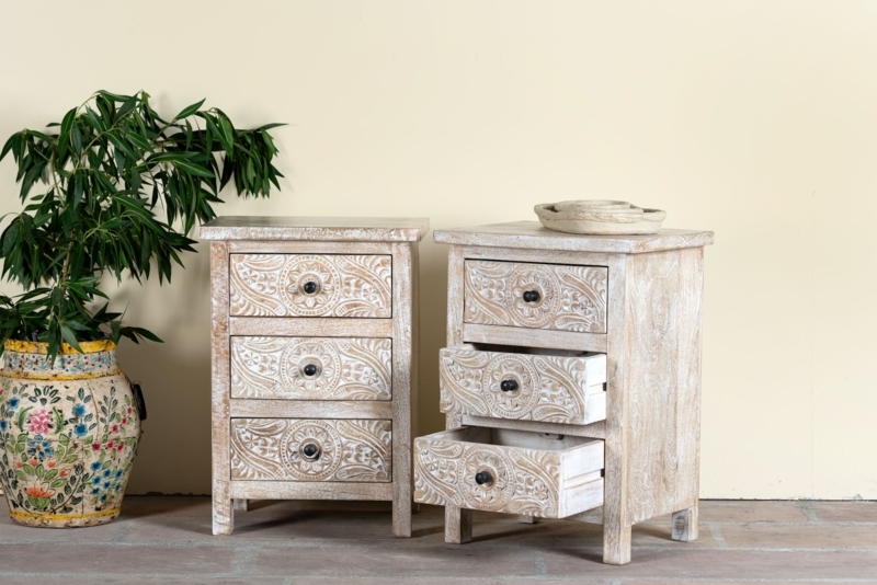 Hand Carved Mango Wood Nightstand Set with Mandala Pattern Drawers