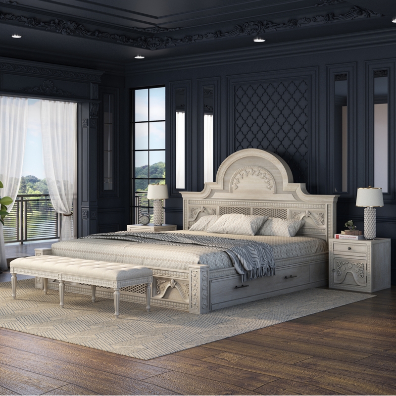 Hand Carved Solid Wood Bed Set with Floral Relief Trunks