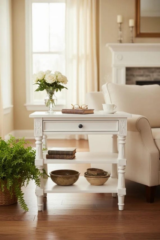 Hand-Carved White End Table with Open Shelves